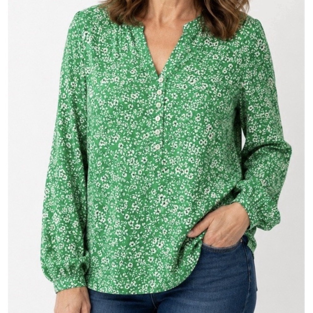 J Jill Top Womens Small Green Floral Peasant Festival Boho Fairy Cottagecore